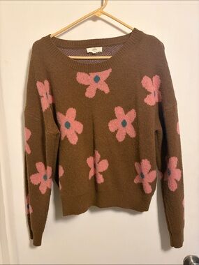 entro Brown Crewneck Sweater with Pink Flowers MEDIUM Daisies